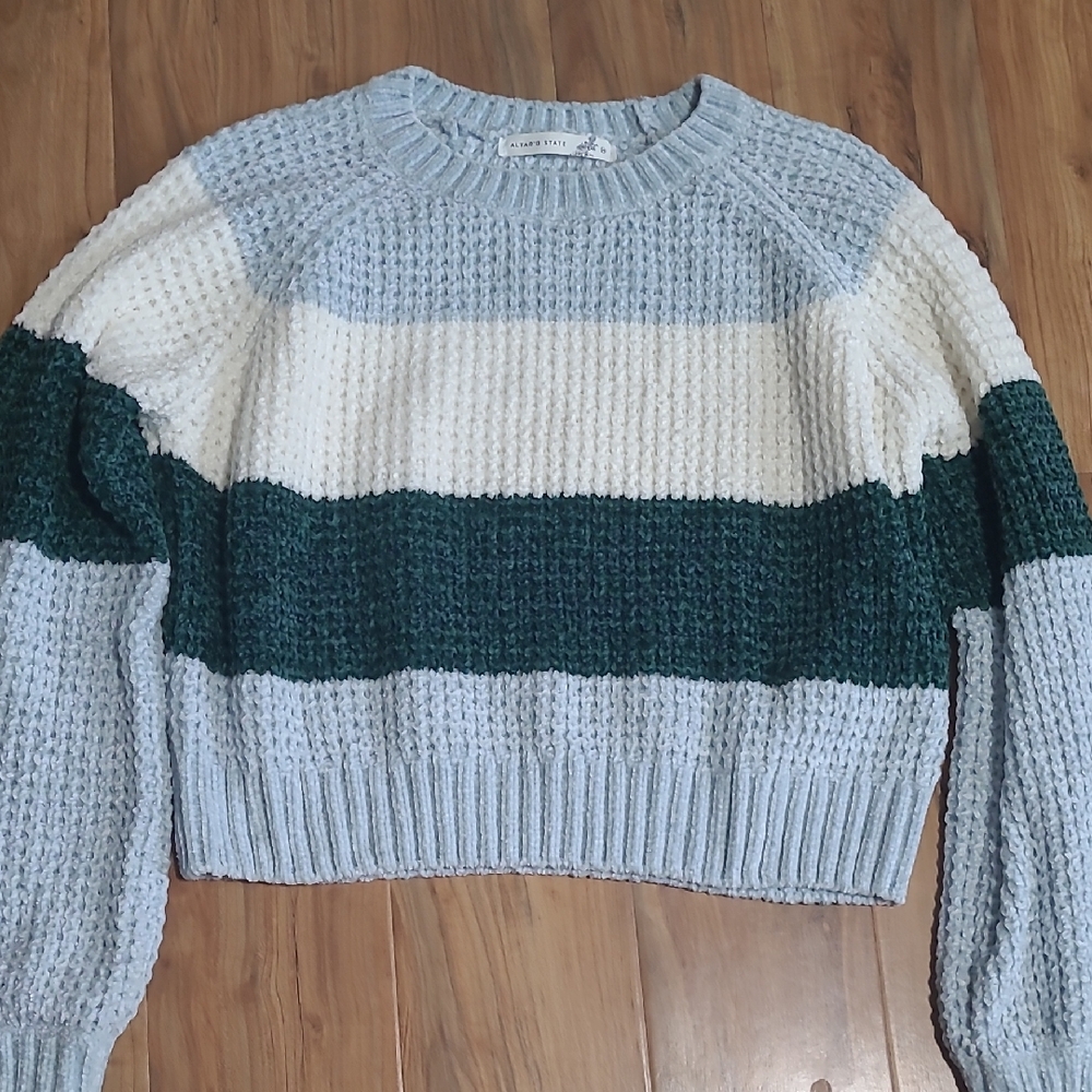 Altar'd State Colorblock Crewneck Sweater - Light Blue, Cream & Dark Green